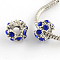 Alloy Rhinestone European Beads, Flower Large Hole Beads, Antique Silver, Sapphire, 12x8mm, Hole: 5mm