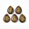 Natural Tiger Eye Pendants, Teardrop Charms with Golden Metal Enlaced Hamsa Hand, 32.5~33.5x24.5~25.5x7~8mm, Hole: 2mm