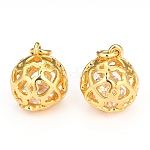 Hollow Brass Charms, with Clear Cubic Zirconia and Jump Rings, Long-Lasting Plated, Round, Real 18K Gold Plated, 12x10.5mm, Hole: 2.5mm