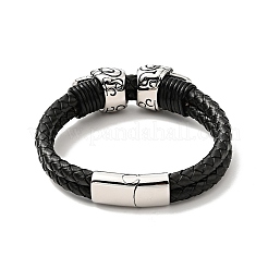 304ステンレススチール製スカルビーズダブルループマルチ連ブレスレット、マグネット留め金付き  男性女性のためのレザーコード付きゴシックブレスレット  ブラック  8-5/8インチ（22cm）&nbsp;BJEW-C021-23P