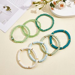 7 pièces 7 style fait à la main en argile polymère heishi surfeur ensemble de bracelets extensibles&nbsp;BJEW-SW00073-03