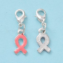10月の乳がん啓発リボン合金エナメルペンダント  とカニカン付き  銀色のメッキ  サイズ：約28mm長  穴：3mm  タイ：7.5 mm幅  長さ15mm  2 mm厚。&nbsp;ENAM-H049-1