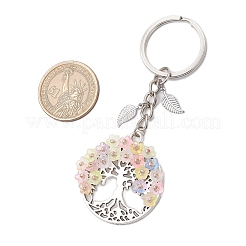 生命の木の合金キーホルダーが付いたフラットラウンド  アクリルとガラスビーズの花  モカシン  93mm&nbsp;KEYC-MZ00039-02
