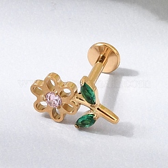 F136 Titan-Pavé-Lippenpiercings mit rosa und grünen Zirkoniablüten und Innengewinde&nbsp;ME-CBA9828-04G
