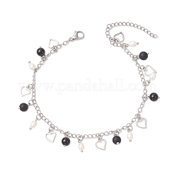 Браслеты на ногу из натурального черного агата (окрашенного и нагретого) с натуральным жемчугом и нержавеющей сталью 304 с цепочкой-кисточкой в форме сердца AJEW-AN00697