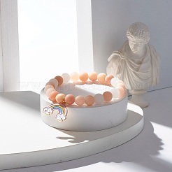 Натуральный розовый авантюрин круглый браслет из бисера стрейч с подвеской из радужного сплава из сплава BJEW-JB07171