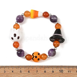 Pulseras elásticas hechas a mano con cuentas redondas de amatista natural y ágata roja&nbsp;BJEW-TA00766