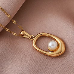 Collane vintage da donna con pendente ovale in acciaio inossidabile 304 e perla sintetica.&nbsp;FB5128