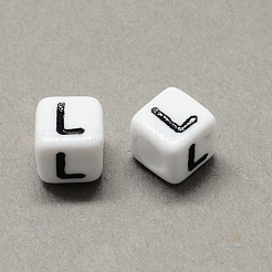 大穴アクリル文字ヨーロピアンビーズ  水平穴  ホワイト＆ブラック  文字付きのキューブ  文字L  8x8x8mm  穴：4mm  約1144個/500g&nbsp;SACR-Q103-8mm-01L