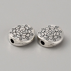 合金ビーズ  花付きフラットラウンド  アンティークシルバー  12x4.5mm  穴：2mm&nbsp;FIND-TAC0011-87AS