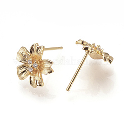 真鍮製スタッドピアス  ラインストーン付き  花  ニッケルフリー  18KGP本金メッキ  12x11mm  ピン：0.8mm&nbsp;KK-S333-04G