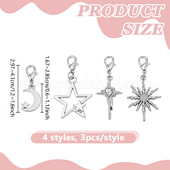 12 шт. 4 стиля подвески для обуви из сплава в виде звезды и луны&nbsp;HJEW-DR00213