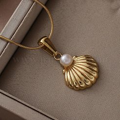 Женские ожерелья с подвесками в форме ракушек из хирургической нержавеющей стали 316 с имитацией жемчуга&nbsp;MG3658