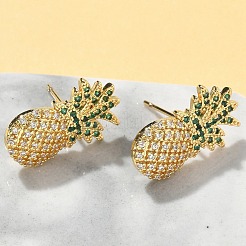 Серьги-гвоздики из латуни с микропаве из кубических цирконий в форме ананаса EJEW-A132-09G