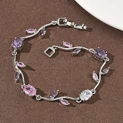 Браслеты-цепочки из латуни с микропаве из кубических цирконий овальной и листовой формы для женщин BJEW-G764-05P-01