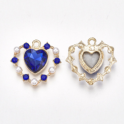 合金ペンダント  プラスチック模造パールと  ガラス、ラインストーン  ハート  ライトゴールド  ブルー  26x26.5x6mm  穴：2mm&nbsp;X-PALLOY-S177-28B