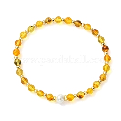 Pulseras elásticas redondas de ámbar natural y perlas de concha de 5 mm.&nbsp;BJEW-JB14313
