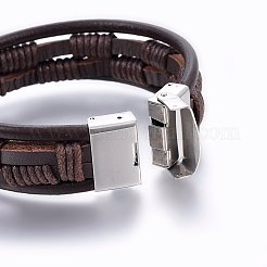 レザーコード多連ブレスレット  201ステンレススチール留め具付き  長方形  ココナッツブラウン  ステンレス鋼色  8-5/8インチ（22cm）  4~22x4~7mm&nbsp;BJEW-E345-17P