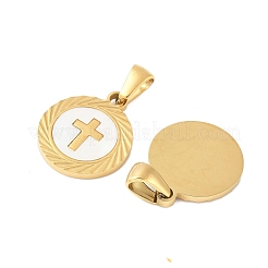 Ожерелья с плоским круглым кулоном из нержавеющей стали 304 с натуральными белыми ракушками&nbsp;STAS-R168-23G-01