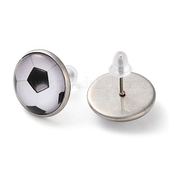スポーツボールガラス＆304ステンレススチールスタッドピアス（女性用）  ステンレス鋼色  サッカー  15.5mm&nbsp;LS-EJEW-H005-01P-01