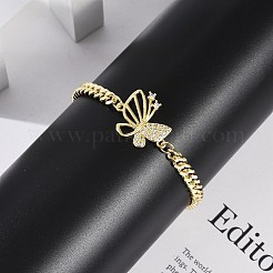 真鍮製マイクロパヴェキュービックジルコニアコネクターブレスレット  女性用キューバチェーンジュエリー  蝶  18KGP本金メッキ  7-3/8インチ（18.7cm）  ペンダント：30x20x4mm&nbsp;BJEW-M050-04G-01