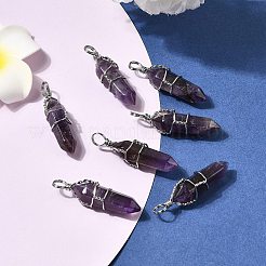 天然アメジストの両端が尖ったペンダント  真鍮製のペンダントのセッティングで  多面カット  弾丸  白金金属色  35~45x10~13mm  穴：3mm&nbsp;X-G-J062-02P