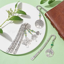 Marcapáginas con cuentas de jade natural de Malasia y Aventurina verde con árbol de la vida de aleación&nbsp;AJEW-JK00255
