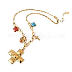 Collana con ciondolo quadrato in resina effetto turchese e croce testurizzata in acciaio inossidabile 304 per donna.&nbsp;NJEW-F380-01G