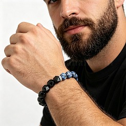 Bracciali elastici rotondi sfaccettati da uomo in onice nera naturale (tinta e riscaldata) e sodalite.&nbsp;WG80103-01