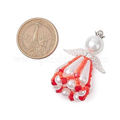 ビーズの天使のチャーム  アクリル＆合金＆ガラスシードビーズペンダント  レッドオレンジ  48x25mm  穴：3x2.5mm&nbsp;PALLOY-MZ00435-03