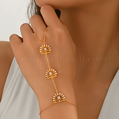 Armreifen aus Messing mit Pavé-Fassung aus klaren Zirkonia und hohlem Fächer-Handkettenring mit Imitationsperlen für Damen&nbsp;EH6679