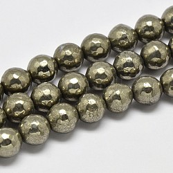 Natural Pyrite Round Beads Strands, Faceted(128 Facets), Grade A, 6mm, Hole: 1mm, about 67pcs/strand, 16 inch