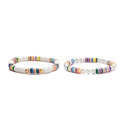 Ensemble de bracelets extensibles en perles de coquillage et en argile polymère, 2 styles, 2 pièce, bracelets preppy pour femmes, couleur mixte, diamètre intérieur: 2-1/8 pouce (5.4 cm), 1pc / style