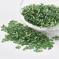 Glass Bugle Beads, Silver Lined, Lime Green, 12x2mm, Hole: 0.5mm, about 5000pcs/bag