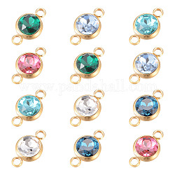 UNICRAFTALE 12pcs 6 Colors Glass Gemstone Links Flat Round Glass Links Charms with Golden Double 304 Stainless Steel Bail Connectors for Women Bracelet Jewelry Making, Hole 2.5mm