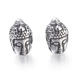 Perles style bouddhiste en 304 acier inoxydable, tête de bouddha, argent antique, 14x8.5x9mm, Trou: 2mm