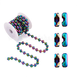 2m Vacuum Plating 304 Stainless Steel Ball Chains, with 4Pcs Ball Chain Connectors, with Spool, Rainbow Color, 8mm, 6.56 Feet(2m)/spool