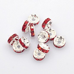 Perline distanziatori strass in ottone, grado a, colore argento placcato, rondelle, rosso, misura:circa8mm di diametro, 3.5 mm di spessore, Foro: 2 mm