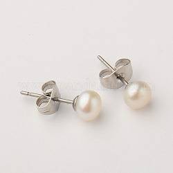 Orecchini perla palla grade aa, con 304 in acciaio inox orecchini componenti, colore conchiglia, 5~5.5mm, ago :0.5mm