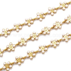 Goldene Messing-Emaille-Gliederkette, langlebig plattiert, mit Spule, ungeschweißte, Blume, weiß, 9x6x1 mm, 32.8 Fuß (10m)/Rolle