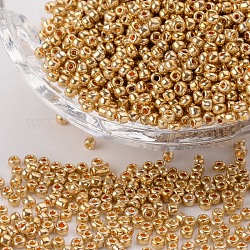 Abalorios de la semilla de cristal electrochapa, rocallas agujero redondo, color del oro, tamaño: aproximamente 2 mm de diámetro, 2 mm de espesor, agujero: 0.5 mm, 3300 unidades / 50 g