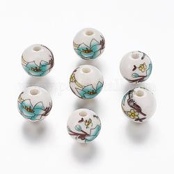 Runde handgefertigte Keramikperlen aus Porzellan mit Blumenmuster, Medium türkis, 12 mm, Bohrung: 2 mm