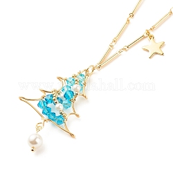 Collier pendentif tressé en perles et verre de coquille d'arbre de Noël avec chaînes à maillons, bijoux en fil de laiton doré pour femme, bleu profond du ciel, 16.34 pouce (41.5 cm)