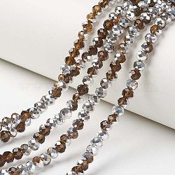 Electroplate Transparent Glass Beads Strands, Half Silver Plated, Faceted, Rondelle, Sienna, 6x5mm, Hole: 1mm, about 92~94pcs/strand, 17~17.5 inch(42.5~43.75cm)
