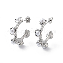 304 Stainless Steel Stud Earrings, Ring Half Hoop Earrings with Plastic Pearl, Stainless Steel Color, 24.5x6mm