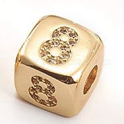 Perline zirconi micro pave  in ottone, cubo con il numero, chiaro, oro, num. 8, 8.5x8.5x8.5mm, Foro: 3.5 mm