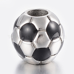 304 perline smaltate europee in acciaio inossidabile, perline con foro grande, pallone da calcio, nero, argento antico, 13x12mm, Foro: 5 mm
