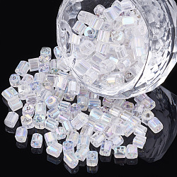 Perles de rocaille en verre, couleurs transparentes arc, trou carré, cube, clair ab, 3~3.5x3~3.5x3~3.5mm, Trou: 2mm, environ 450 g /sachet 