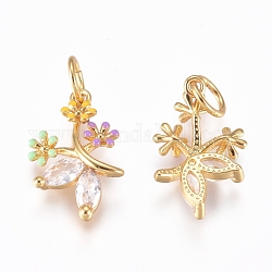Brass Charms, with Micro Pave Cubic Zirconia, Enamel and Jump Rings, Flower, Colorful, Golden, 15.5x10x3mm, Hole: 3.2mm