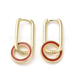 Orecchini a cerchio pendenti con anello in vero ottone placcato oro 18k, con smalto, rosso, 30x13mm